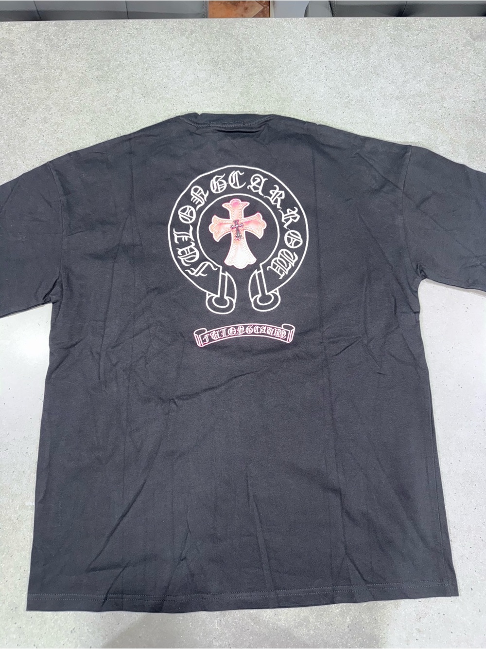 Chrome Hearts Black Tee with Pink Cross Back Graphic